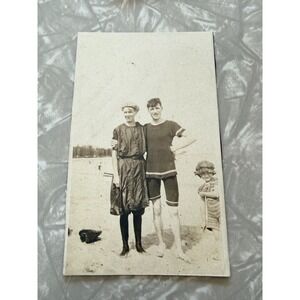 Antique 1910s 1920s Beach Swimwear Photo Man Woman Child Vintage B&W Photograph